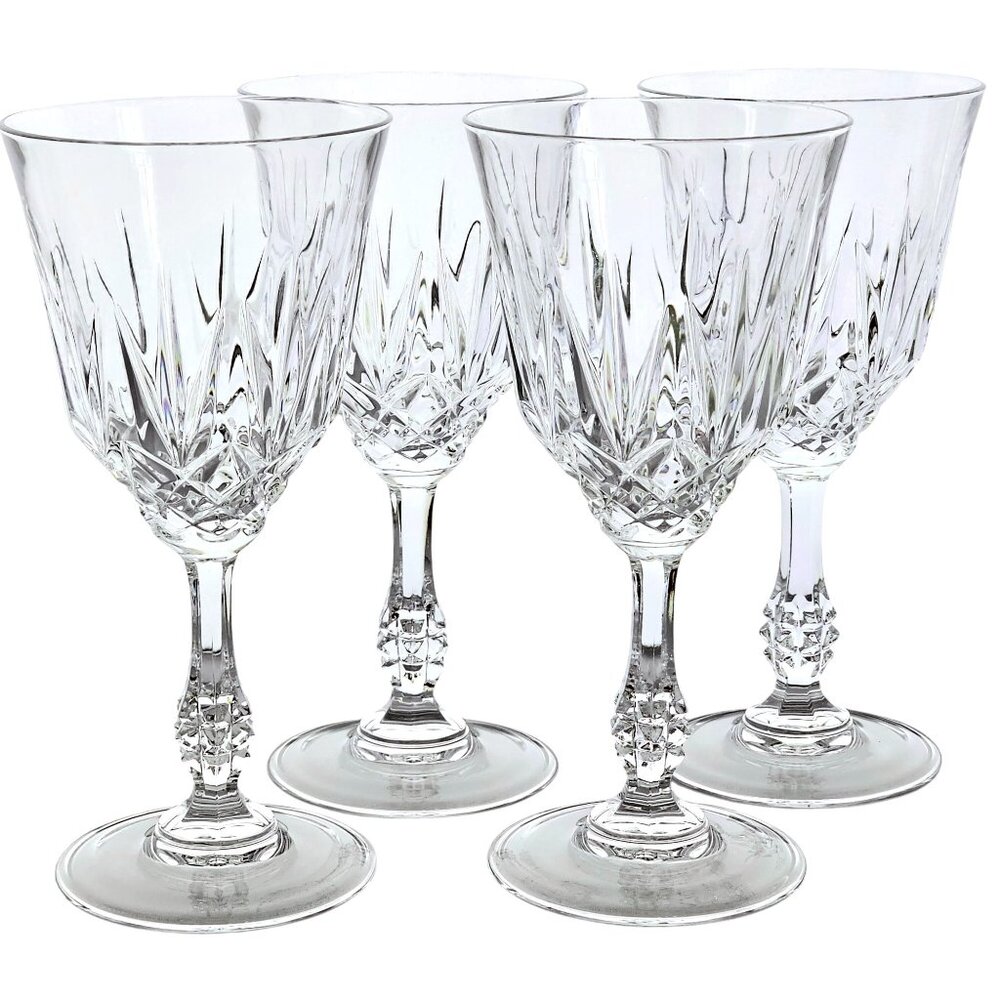 4 Capri Crystal Wine Glasses 7" notched ball stem toasting goblets vtg